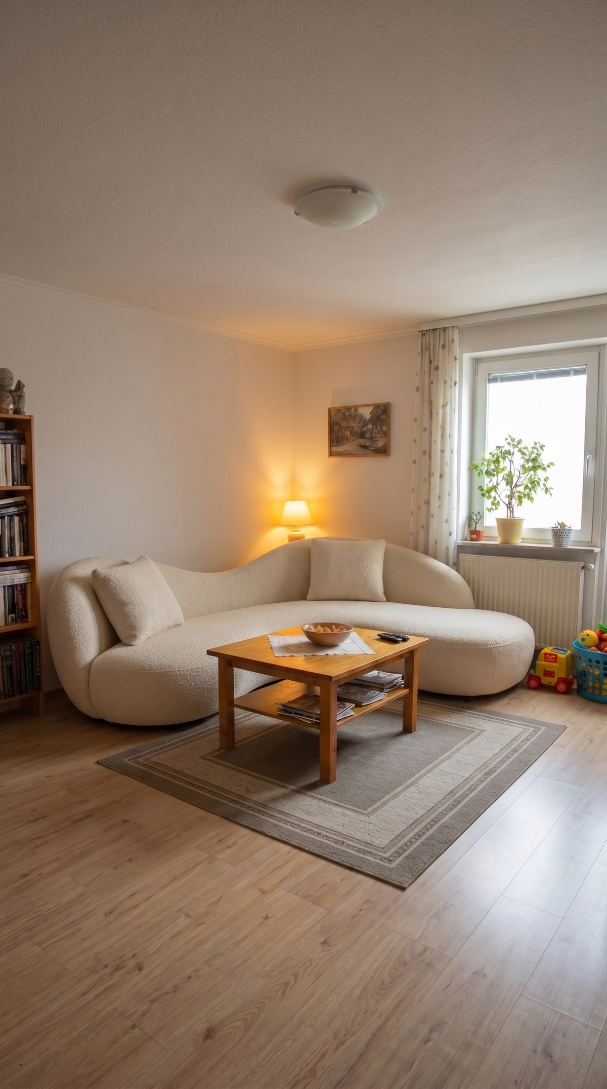 Living room rendered with a curved bouclé sofa