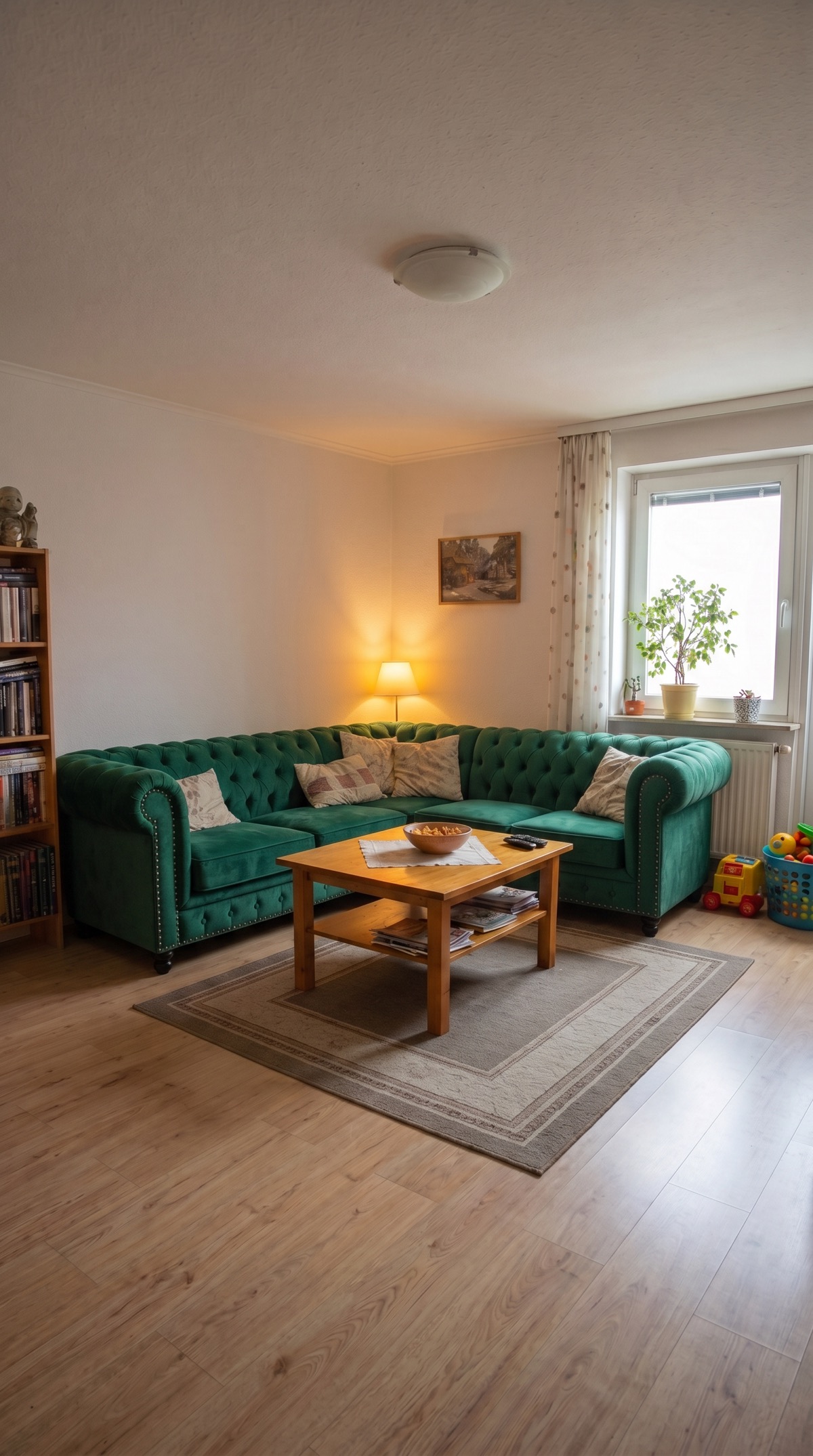 Living room rendered with a classic emerald Chesterfield