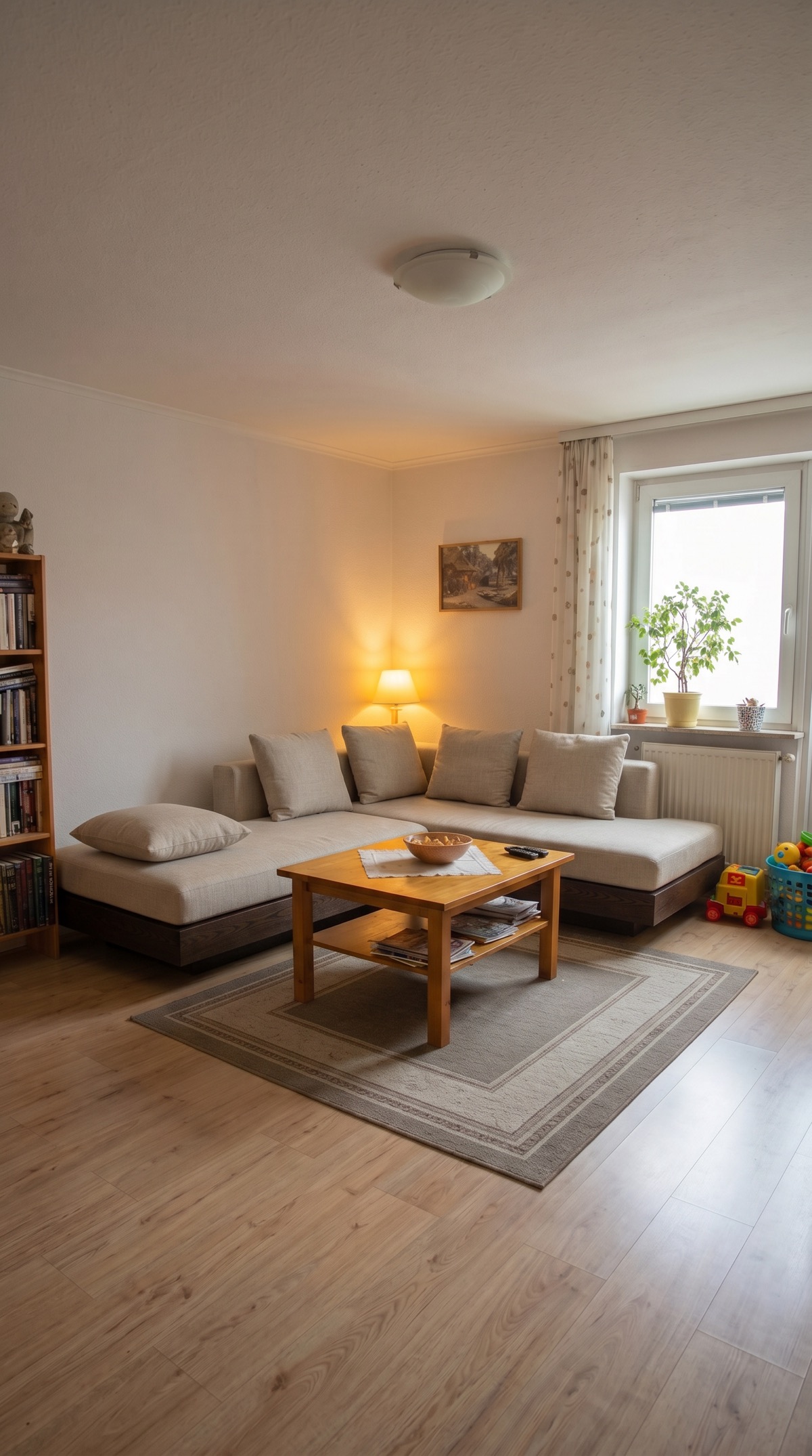 Living room rendered in Japandi style