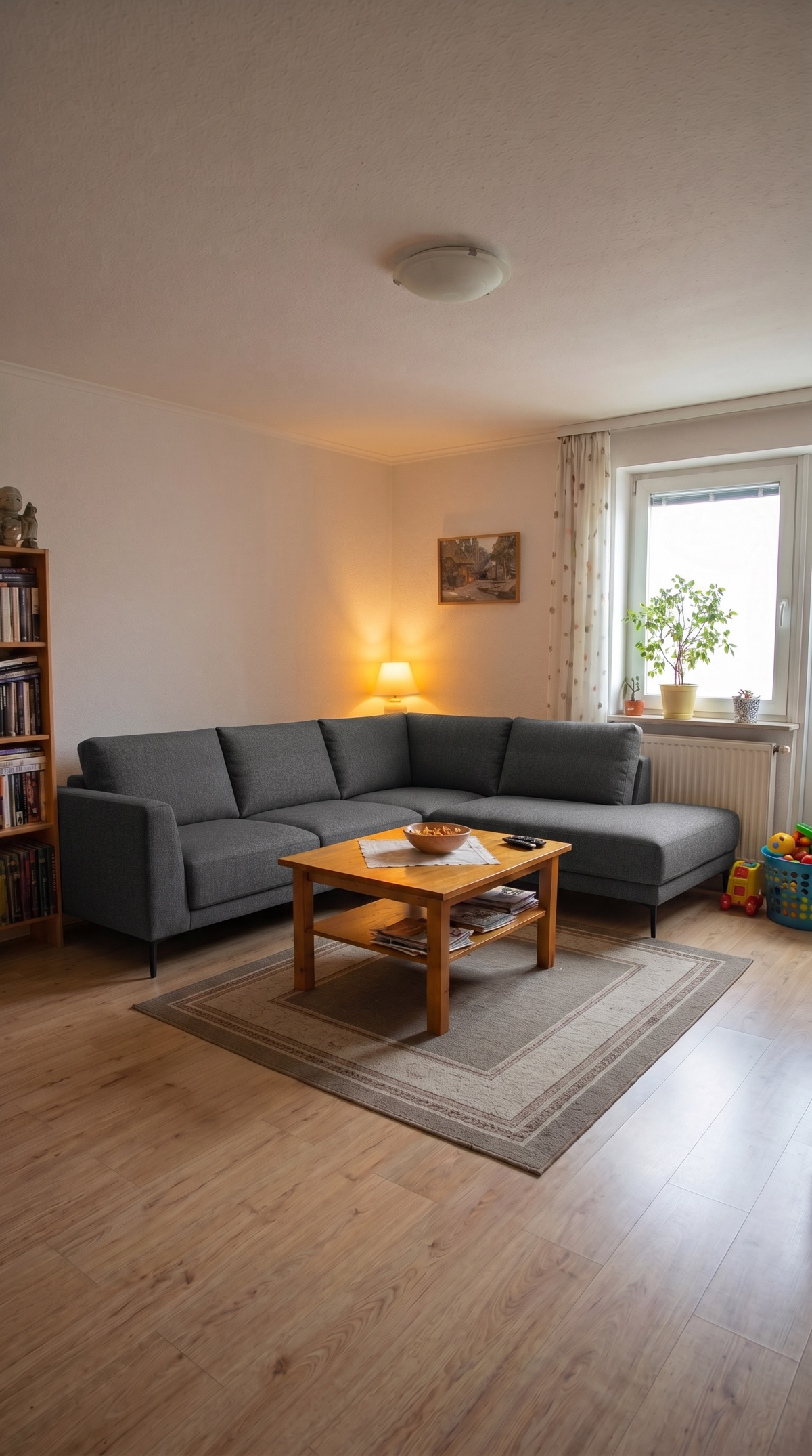 Living room rendered with a modern charcoal sectional